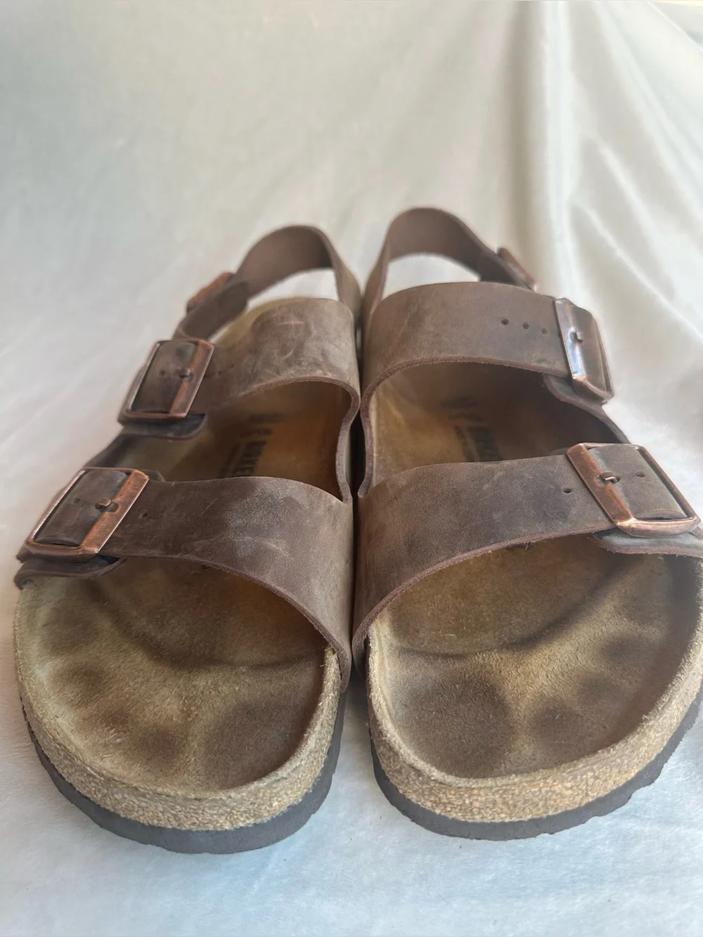 Birkenstock Men's Triple-Strap Brown Leather Sandals with Copper Buckles